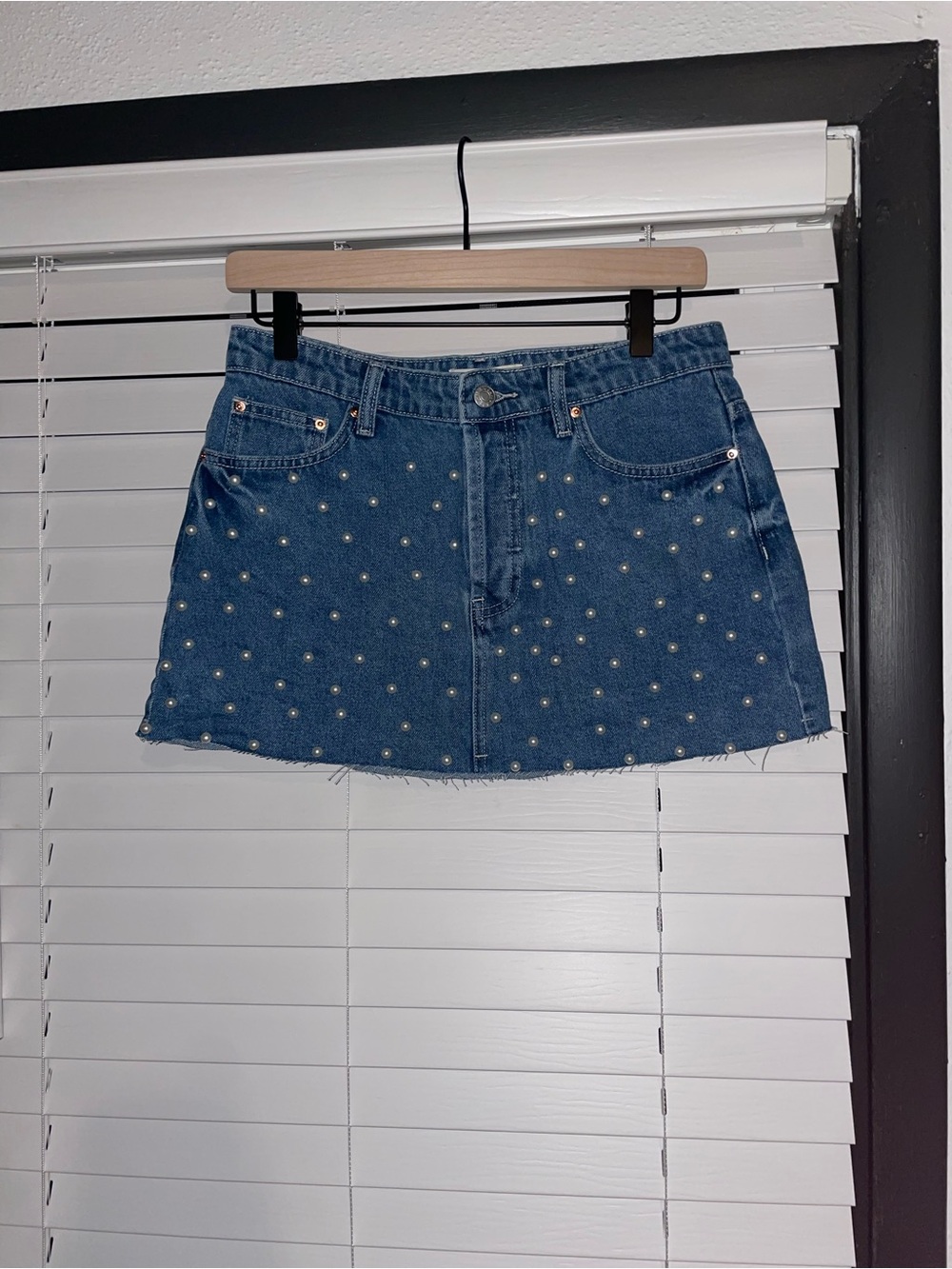 Pearl-Studded Denim Mini Skirt